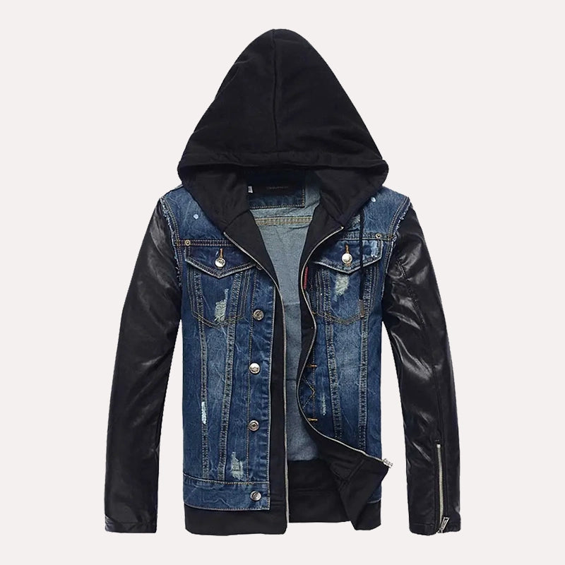 Mens Hooded Leather Denim Jacket Denim Jacket men front product view | Dash Racegear — Denim leather jacket mens