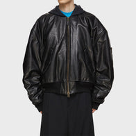 Mens Hooded Leather Oversized Bomber Jacket Bomber Jacket men front product view | Dash Racegear — Mens Hooded Oversized Black Leather Bomber Jacket