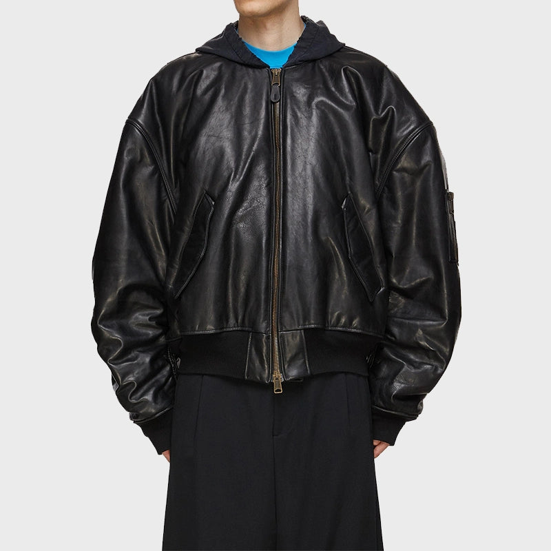 Mens Hooded Leather Oversized Bomber Jacket Bomber Jacket men front product view | Dash Racegear — Mens Hooded Oversized Black Leather Bomber Jacket