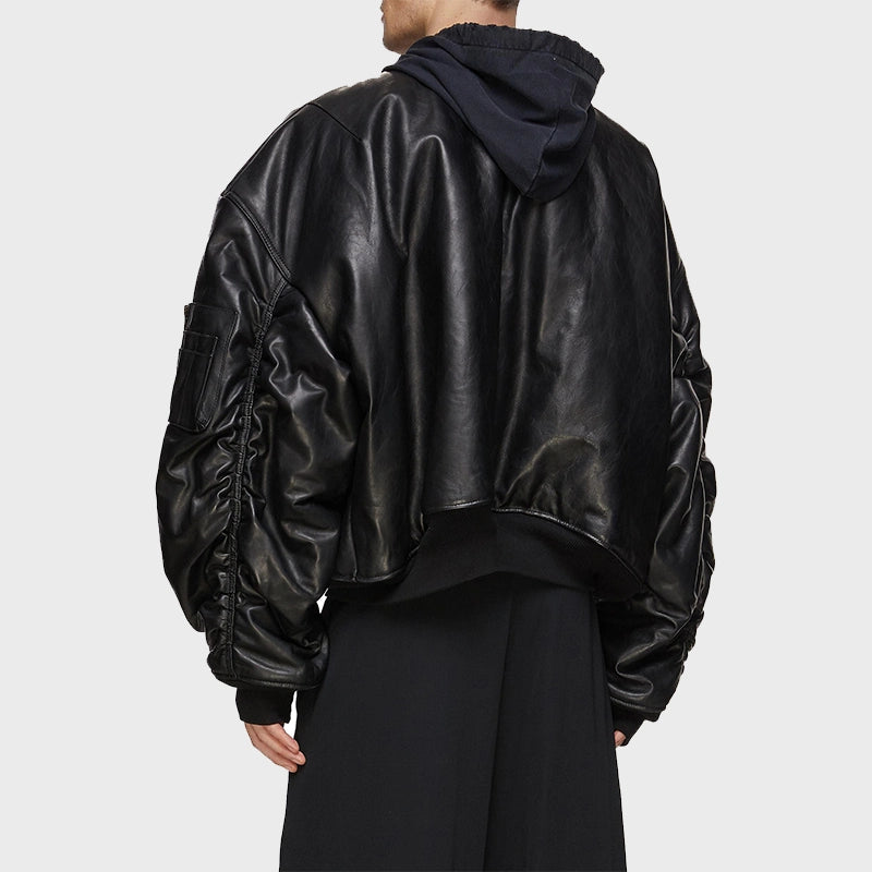 Mens Hooded Leather Oversized Bomber Jacket Bomber Jacket men detail view 3 | Dash Racegear — Mens Hooded Leather Oversized Bomber Black Jacket