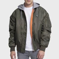 Men’s Hooded Oversized Bomber Jacket Bomber Jacket men front product view | Dash Racegear — Oversized Men's Hooded Bomber Green Jacket