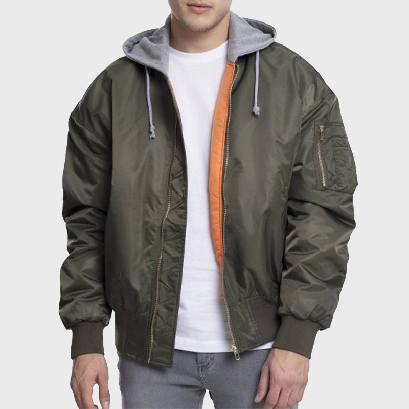 Men’s Hooded Oversized Bomber Jacket Bomber Jacket men front product view | Dash Racegear — Oversized Men's Hooded Bomber Green Jacket