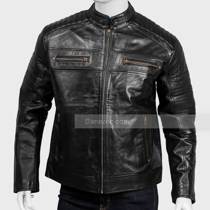 Mens Black Cafe Racer Leather Jacket Leather Jacket men front product view | Dash Racegear — Black Leather Cafe Racer Jacket
