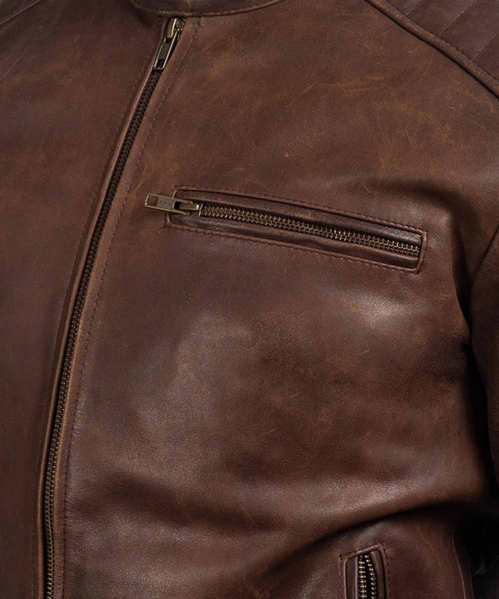 Casual Brown Mens Leather Jacket Biker Jacket men detail view 2 | Dash Racegear — Slimfit Leather Mens Brown Casual Jacket