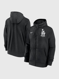 Dodgers Nike Black Primetime Lockup Hoodie Hoodie unisex front product view | Dash Racegear — Men’s Los Angeles Dodgers Nike full-zip hoodie in black, Primetime Lockup design for fans on game days or casual wear.