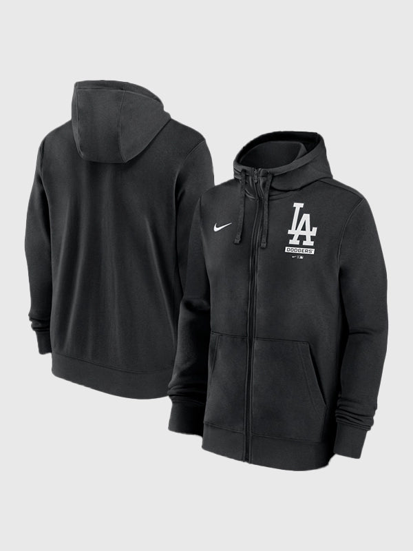 Dodgers Nike Black Primetime Lockup Hoodie Hoodie unisex front product view | Dash Racegear — Men’s Los Angeles Dodgers Nike full-zip hoodie in black, Primetime Lockup design for fans on game days or casual wear.