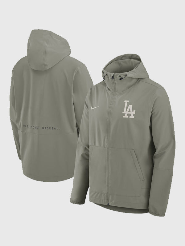 Los Angeles Dodgers Nike Hooded Jacket​ Jacket unisex front product view | Dash Racegear — Men’s Los Angeles Dodgers Nike gray Unlimited hooded jacket, soft and sporty for casual wear or fan outfits.
