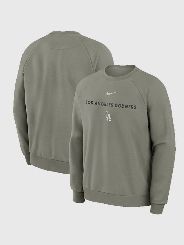 Los Angeles Dodgers Nike Primary Raglan Sweatshirt Sweatshirt unisex front product view | Dash Racegear — Green Men’s Los Angeles Dodgers Nike raglan Dri-FIT sweatshirt, clean team look for fans on the move.