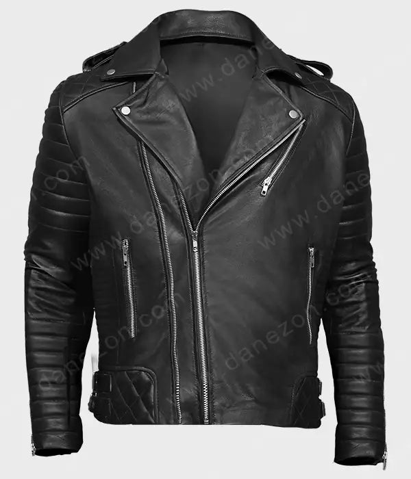 Mens Motorcycle Black Padded Leather Jacket Biker Jacket men detail view 3 | Dash Racegear — Mens Black Motorcycle Padded Leather Jacket