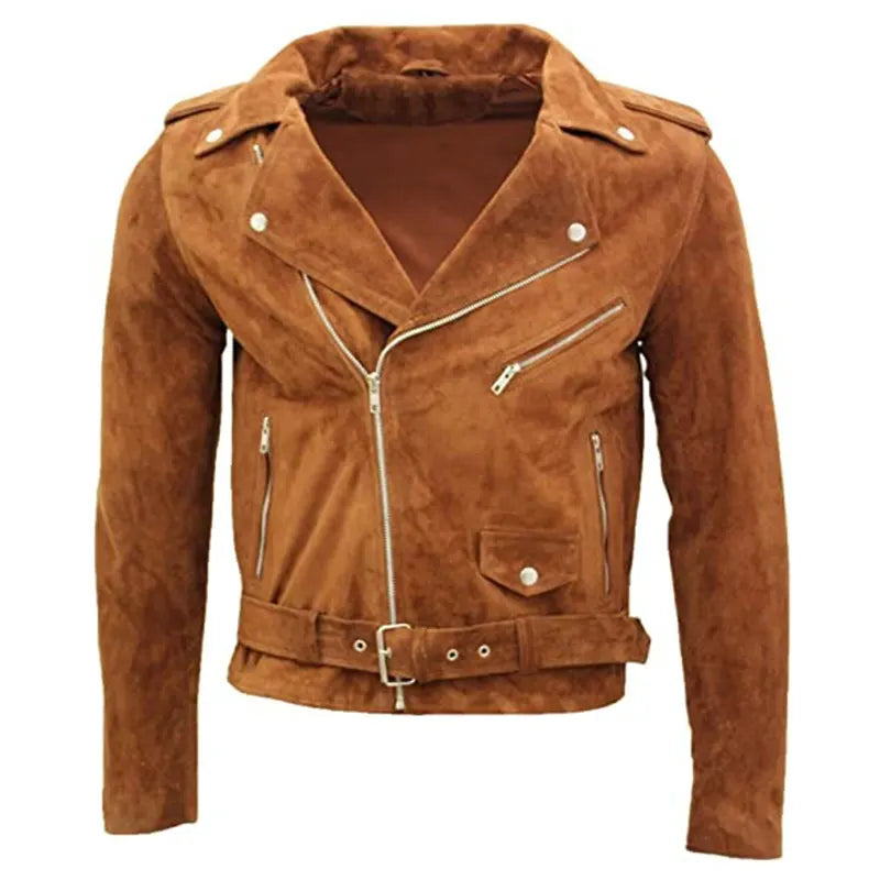 Mens Brown Motorcycle Suede Leather Jacket Leather Jacket men front product view | Dash Racegear — Mens Brown Motorcycle Suede Leather Jacket