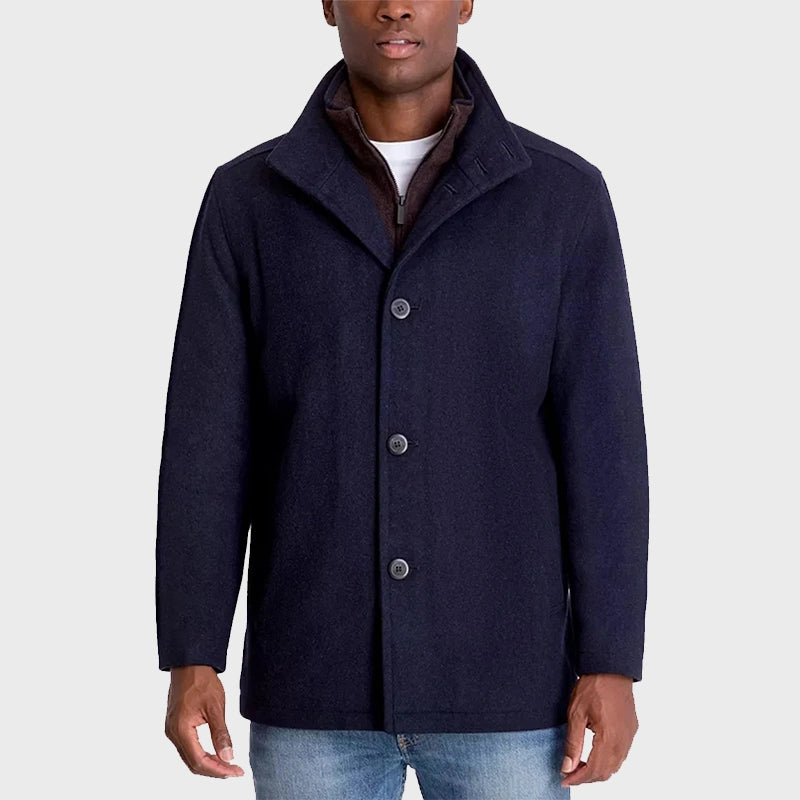 Mens Navy Blue Wool Coat Jacket men front product view | Dash Racegear — Navy Blue Short Wool Coat