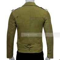 Mens Olive Green Suede Leather Jacket Leather Jacket men detail view 3 | Dash Racegear — Mens Olive Green Suede Biker Leather Jacket