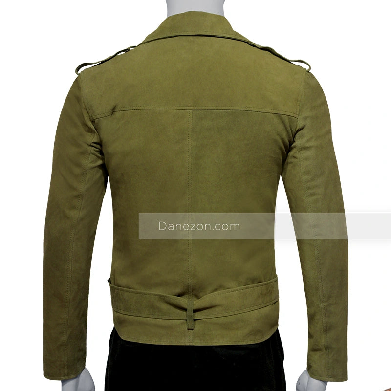 Mens Olive Green Suede Leather Jacket Leather Jacket men detail view 3 | Dash Racegear — Mens Olive Green Suede Biker Leather Jacket