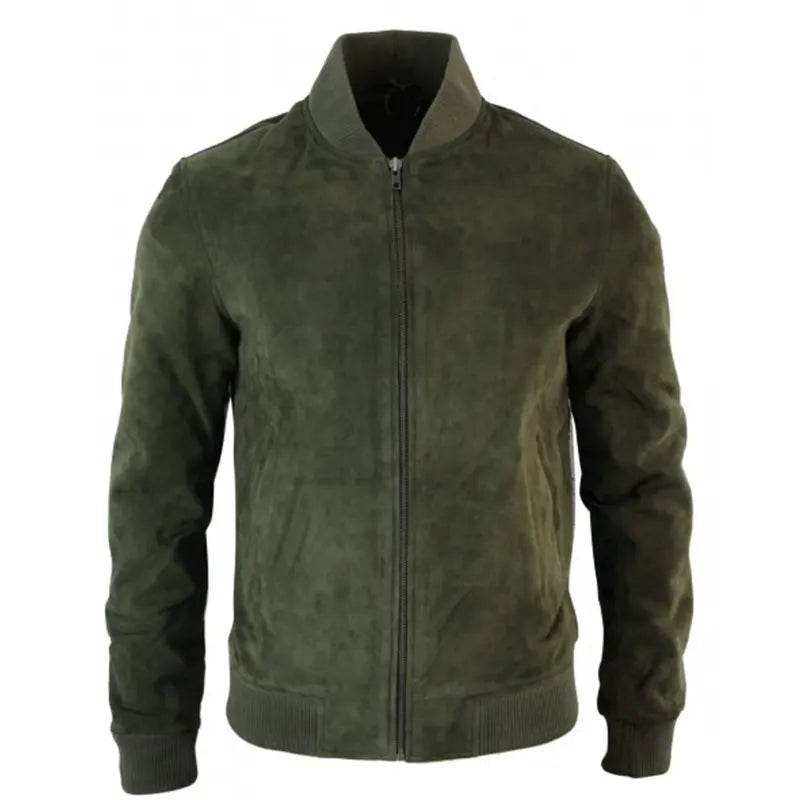 Mens Olive Green Suede Bomber Jacket Bomber Jacket men front product view | Dash Racegear — Mens Olive Green Bomber Suede Jacket