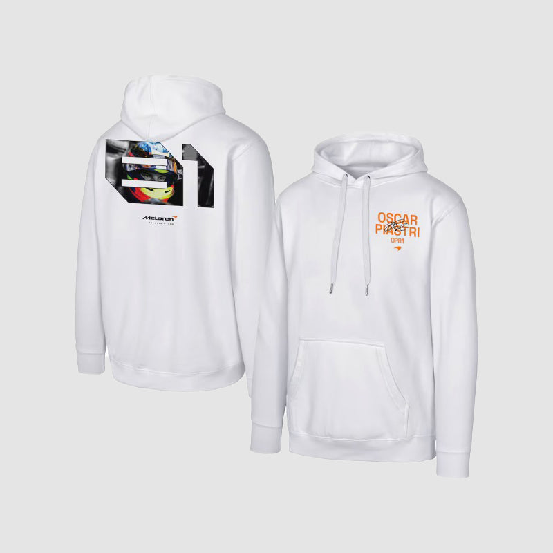 Oscar Piastri 81 White McLaren F1 Team Hoodie Hoodie unisex front product view | Dash Racegear — F1 McLaren White Hoodie – Oscar Piastri 81 Racing Style