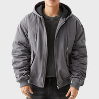 Mens Oversize Grey Bomber Jacket Bomber Jacket men front product view | Dash Racegear — Mens Oversize Hooded Bomber Jacket
