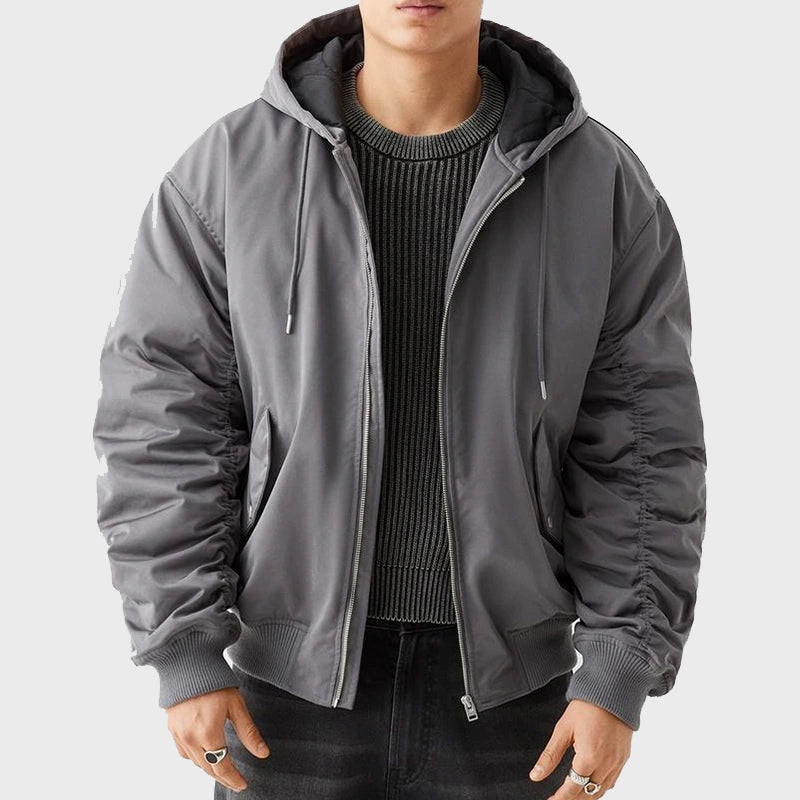 Mens Oversize Grey Bomber Jacket Bomber Jacket men front product view | Dash Racegear — Mens Oversize Hooded Bomber Jacket