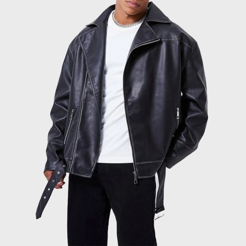 Mens Oversized Black Leather Jacket Leather Jacket men front product view | Dash Racegear — Mens Oversized Biker Black Leather Jacket