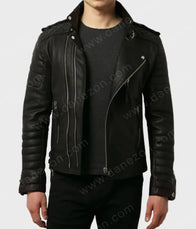 Mens Black Biker Padded Leather Jacket Leather Jacket men front product view | Dash Racegear — Mens Black Biker Padded Leather Jacket | Black Leather Jacket