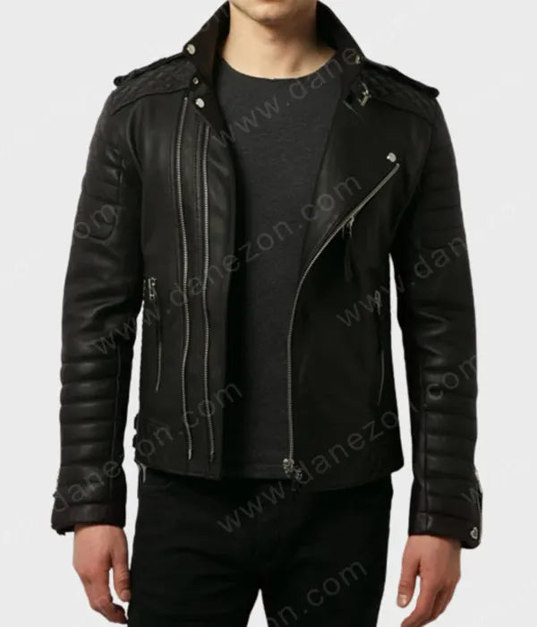 Mens Black Biker Padded Leather Jacket Leather Jacket men front product view | Dash Racegear — Mens Black Biker Padded Leather Jacket | Black Leather Jacket