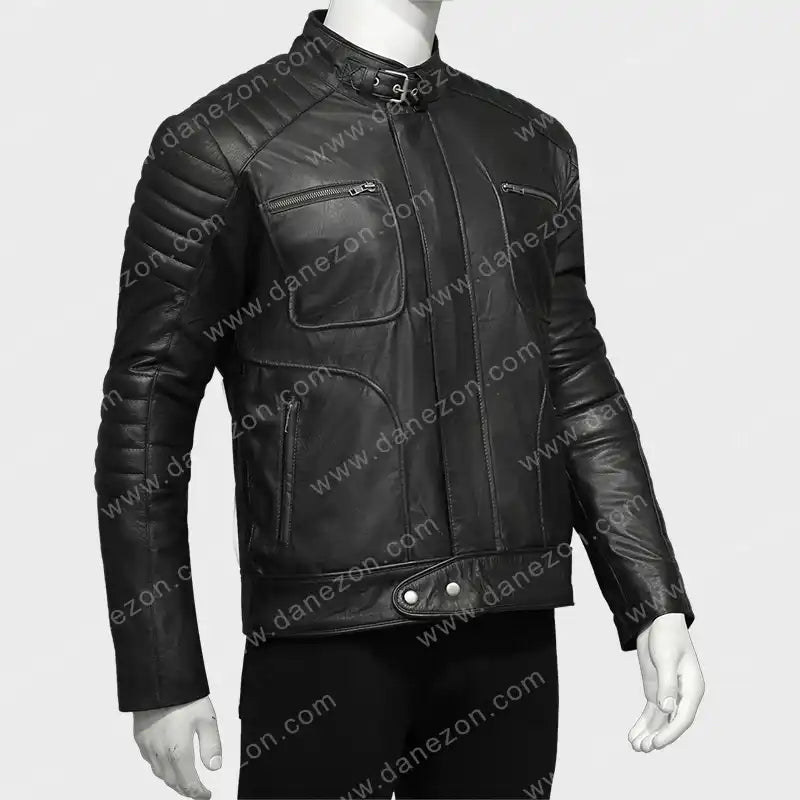Mens Padded Shoulder Black Leather Jacket Leather Jacket men detail view 2 | Dash Racegear — Padded Shoulder Black Leather Jacket