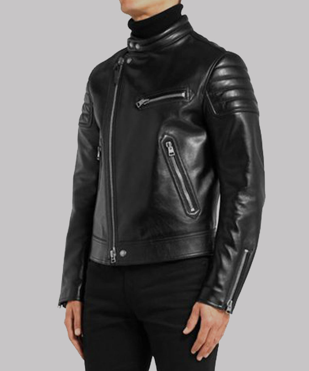 Men’s Black Padded Sleeves Leather Jacket Leather Jacket men front product view | Dash Racegear — Men's Black Padded Sleeves Leather Jacket