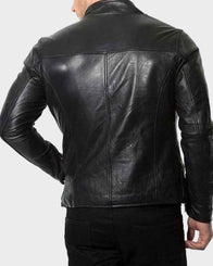 Mens Café Racer Black Plain Leather Jacket Leather Jacket men detail view 2 | Dash Racegear — Mens Café Racer Black Plain Leather Jacket