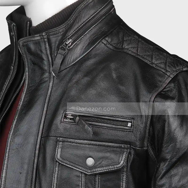 Mens Black Zipper Pocket Leather Jacket Leather Jacket men detail view 3 | Dash Racegear — Stand Up Collar Mens Black Leather Jacket