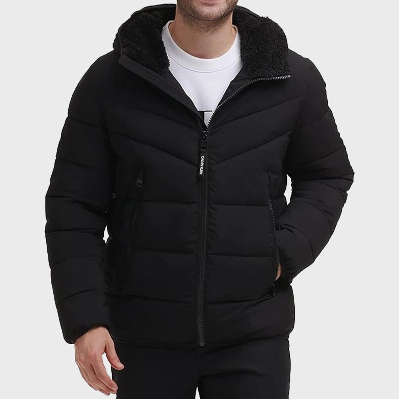 Mens Puffer Black Jacket Puffer Jacket unisex front product view | Dash Racegear — Mens Puffer Stretch Jacket Black With Sherpa Hood