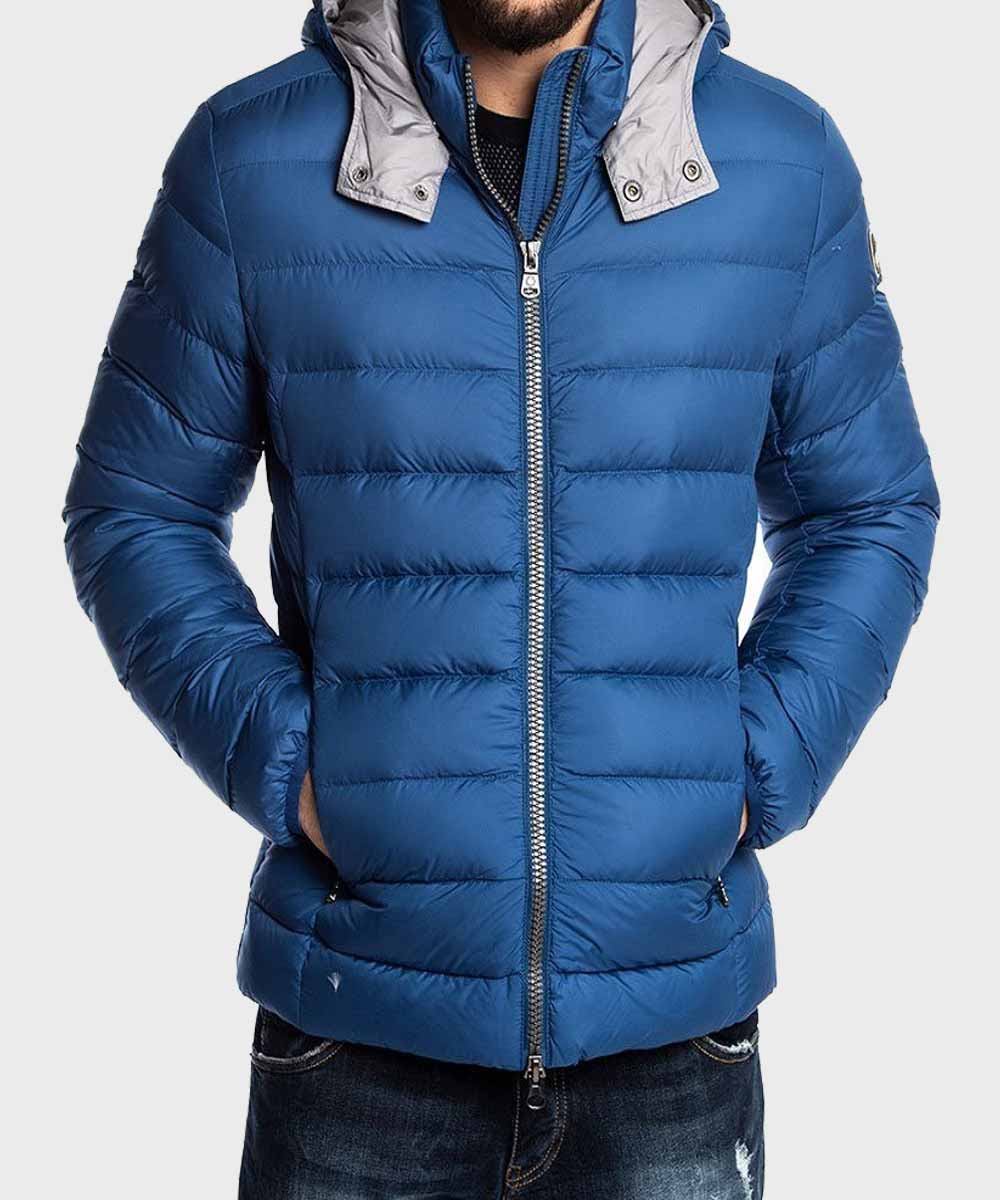 Mens Puffer Blue Hooded Jacket Puffer Jacket men front product view | Dash Racegear — Mens Blue Stylish Puffer Jacket with Hood
