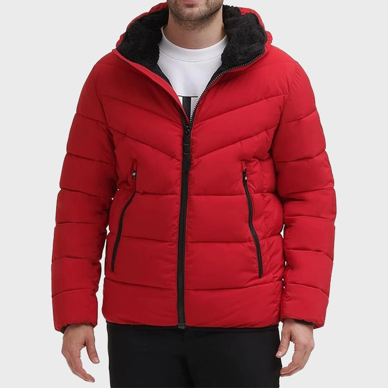 Men’s Puffer Red Jacket Puffer Jacket unisex front product view | Dash Racegear — Mens Puffer Red Stretch Jacket With Sherpa Hood