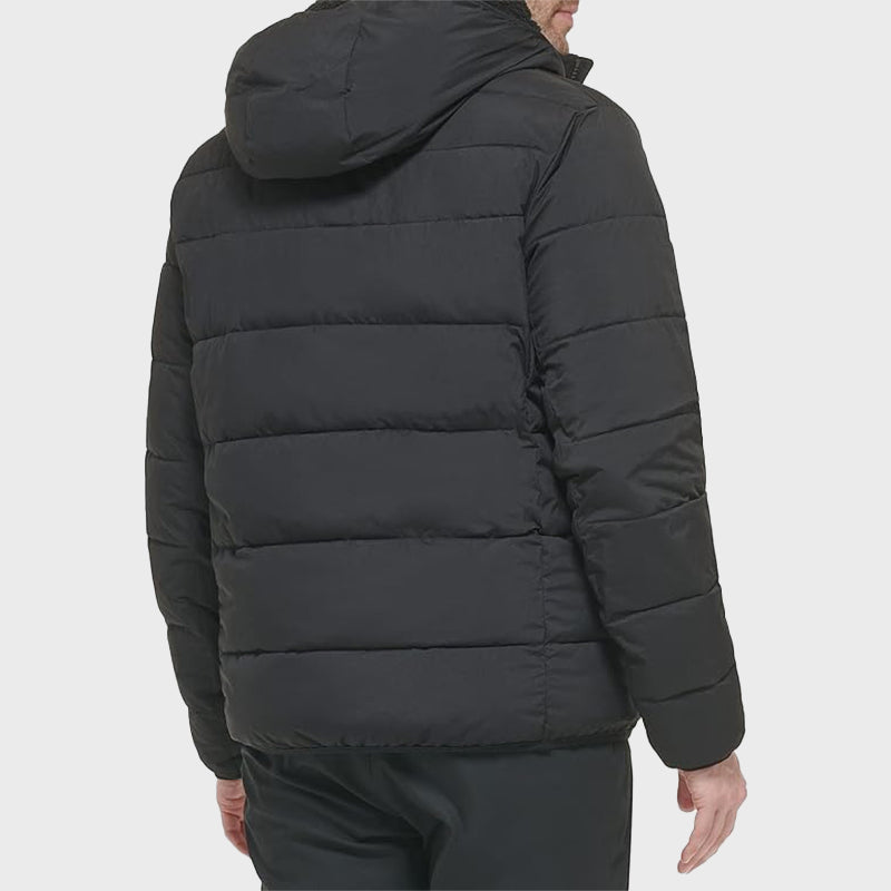 Mens Puffer Black Jacket Puffer Jacket unisex detail view 4 | Dash Racegear — Mens Puffer Black Stretch Jacket With Sherpa Hood