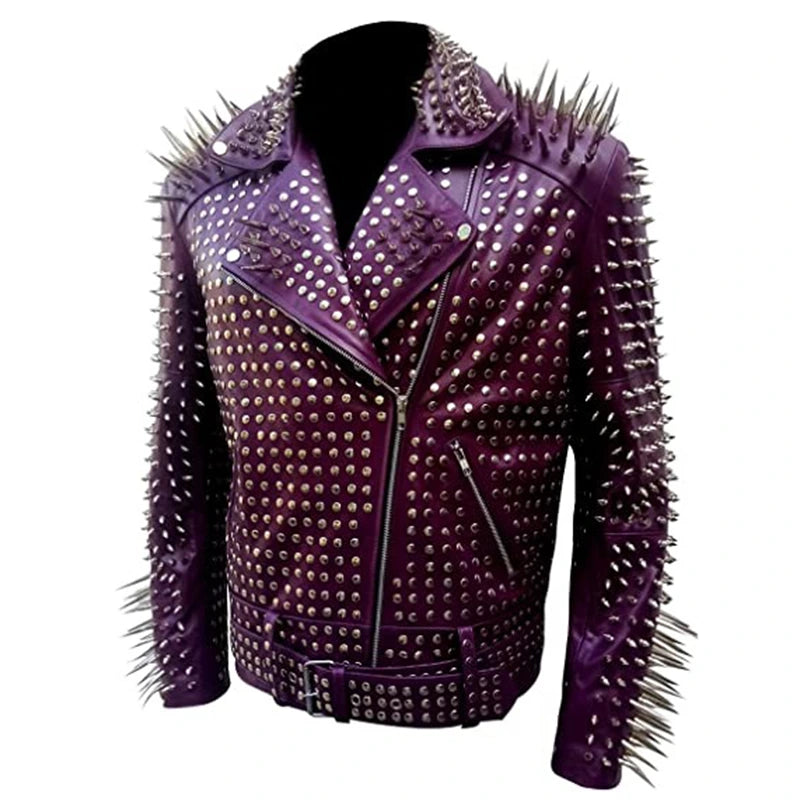 Men’s Purple Studded Leather Jacket Leather Jacket men detail view 3 | Dash Racegear — Purple Studded Biker Leather Jacket