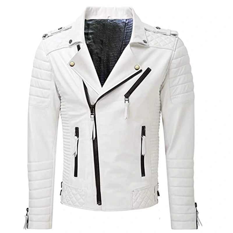 Mens Quilted White Leather Jacket Leather Jacket men front product view | Dash Racegear — Mens Quilted White Leather Jacket