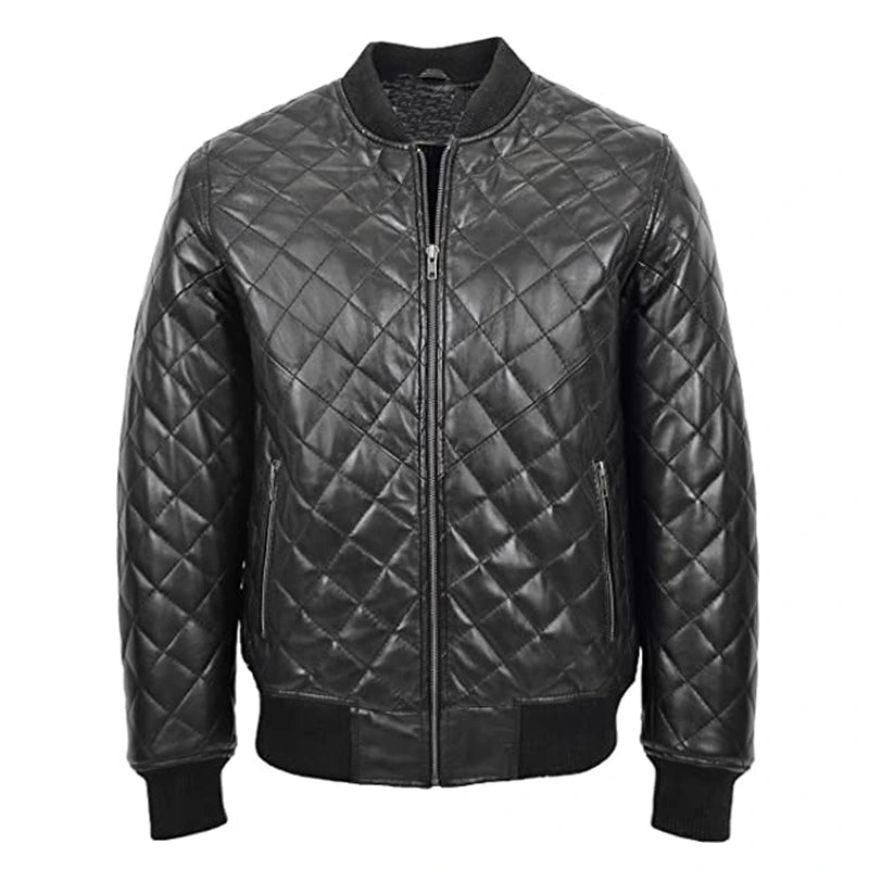 Gregory Black Quilted Bomber Leather Jacket Leather Jacket unisex front product view | Dash Racegear — Mens Black Quilted Bomber Leather Jacket
