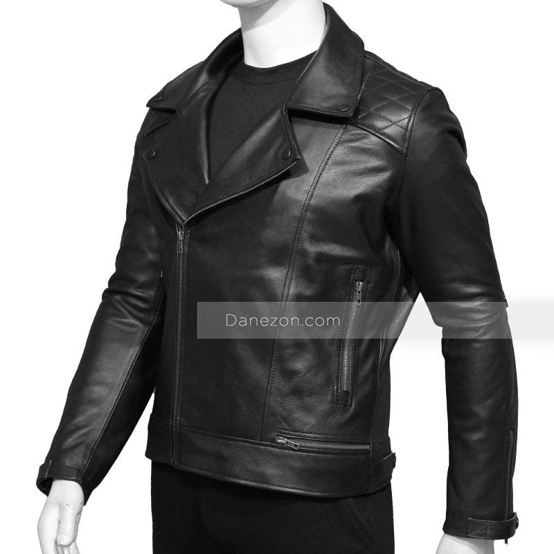 Mens Quilted Black Motorcycle Jacket Biker Jacket men detail view 2 | Dash Racegear — Quilted Leather Motorcycle Jacket Mens