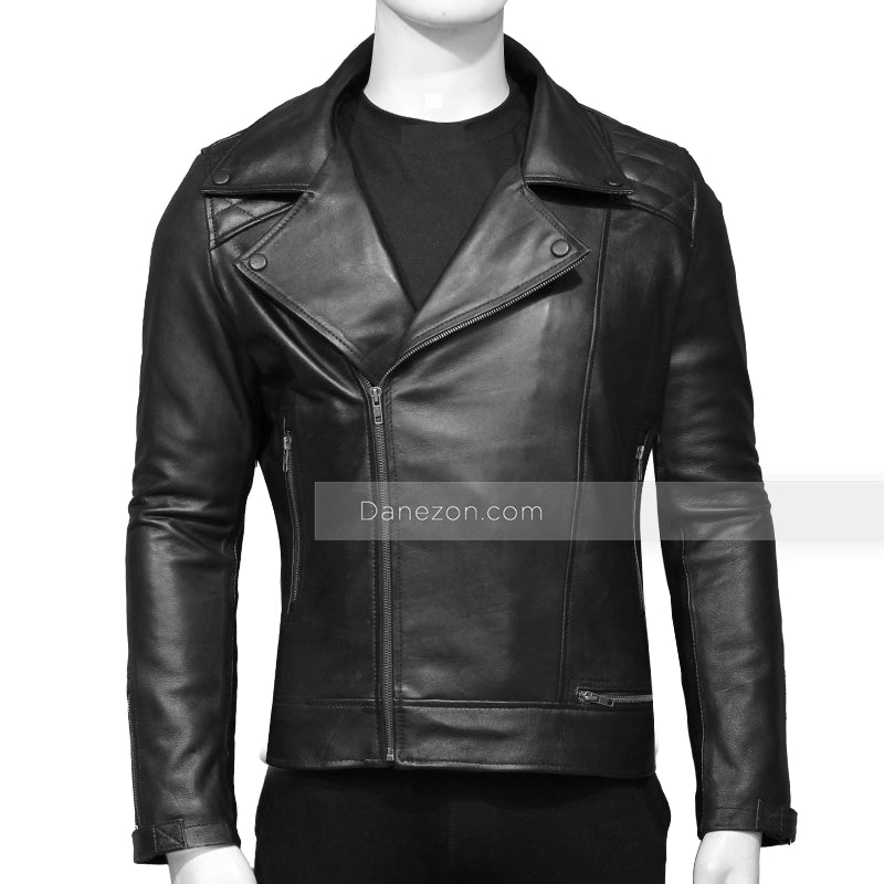 Mens Quilted Black Motorcycle Jacket Biker Jacket men front product view | Dash Racegear — Quilted Black Motorcycle Jacket Mens