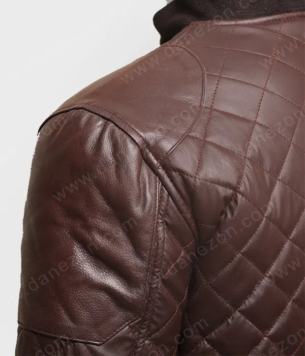 Mens Brown Quilted Leather Jacket Bomber Jacket men detail view 5 | Dash Racegear — Mens Bomber Leather Quilted Jacket
