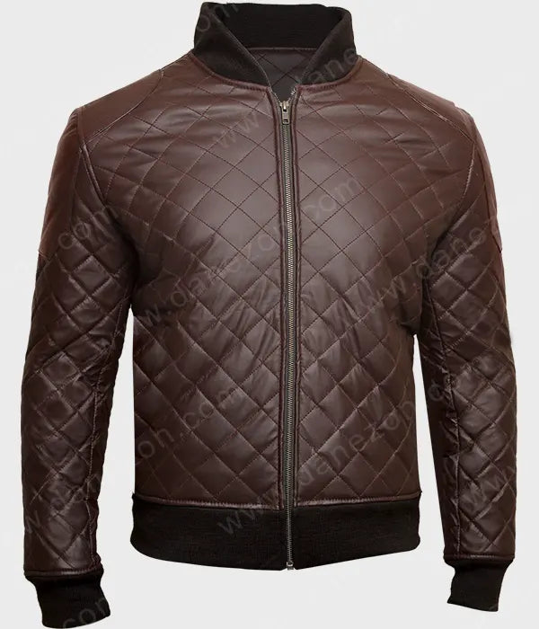 Mens Brown Quilted Leather Jacket Bomber Jacket men detail view 3 | Dash Racegear — Mens Brown Quilted Leather Jacket