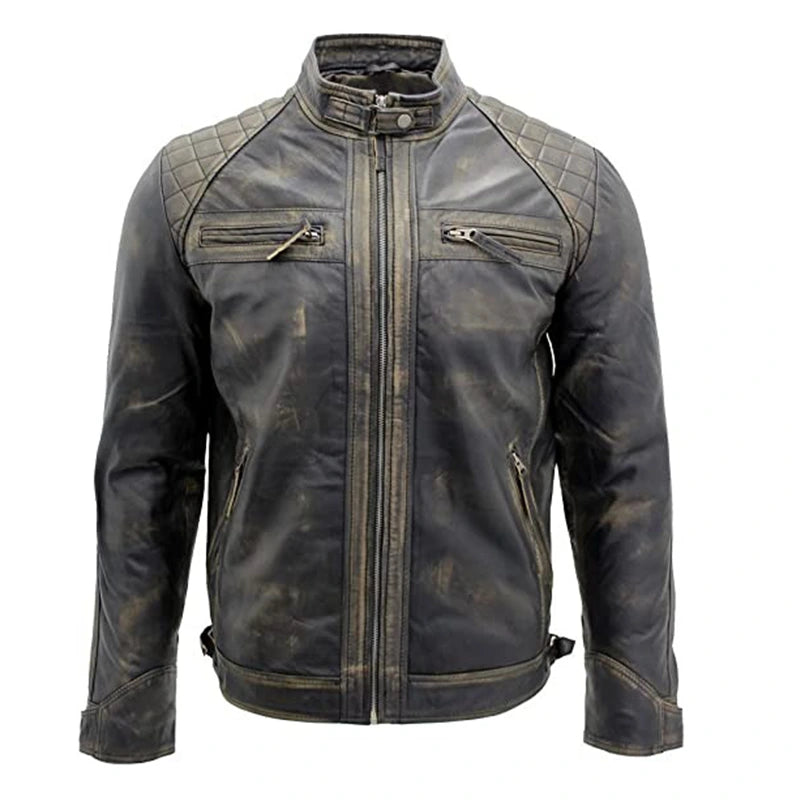 Mens Quilted Distressed Leather Jacket Leather Jacket men front product view | Dash Racegear — Mens Quilted Distressed Leather Jacket