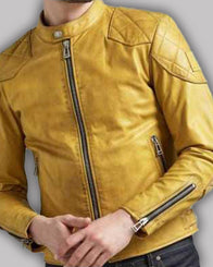 Mens Quilted Design Cafe Racer Yellow Leather Jacket Leather Jacket men front product view | Dash Racegear — Mens Quilted Design Cafe Racer Yellow Leather Jacket