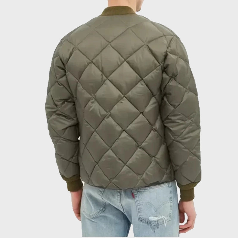 Mens Green Quilted Bomber Puffer Jacket Puffer Jacket men detail view 2 | Dash Racegear — Mens Green Quilted Bomber Puffer Jacket