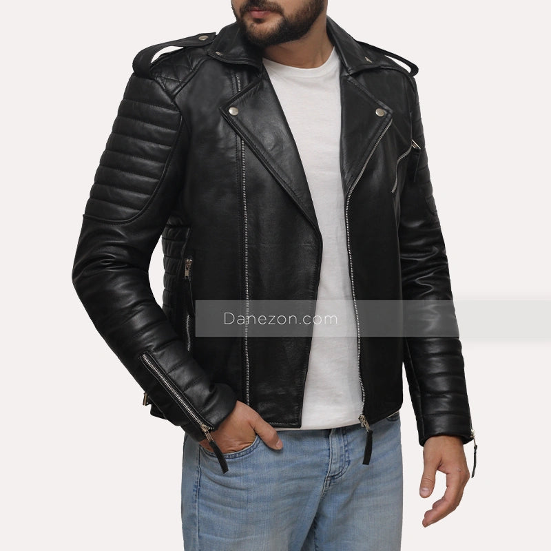 Mens Quilted Black Motorcycle Leather Jacket Leather Jacket men front product view | Dash Racegear — Black Motorcycle Jacket - Dash Racegear