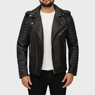 Eric Quilted Motorcycle Black Leather Jacket Leather Jacket unisex front product view | Dash Racegear — Motorcycle Black Padded Leather Jacket