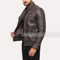 David Quilted Shoulder Distressed Leather Jacket Leather Jacket unisex detail view 4 | Dash Racegear — Quilted Brown Mens Distressed Jacket