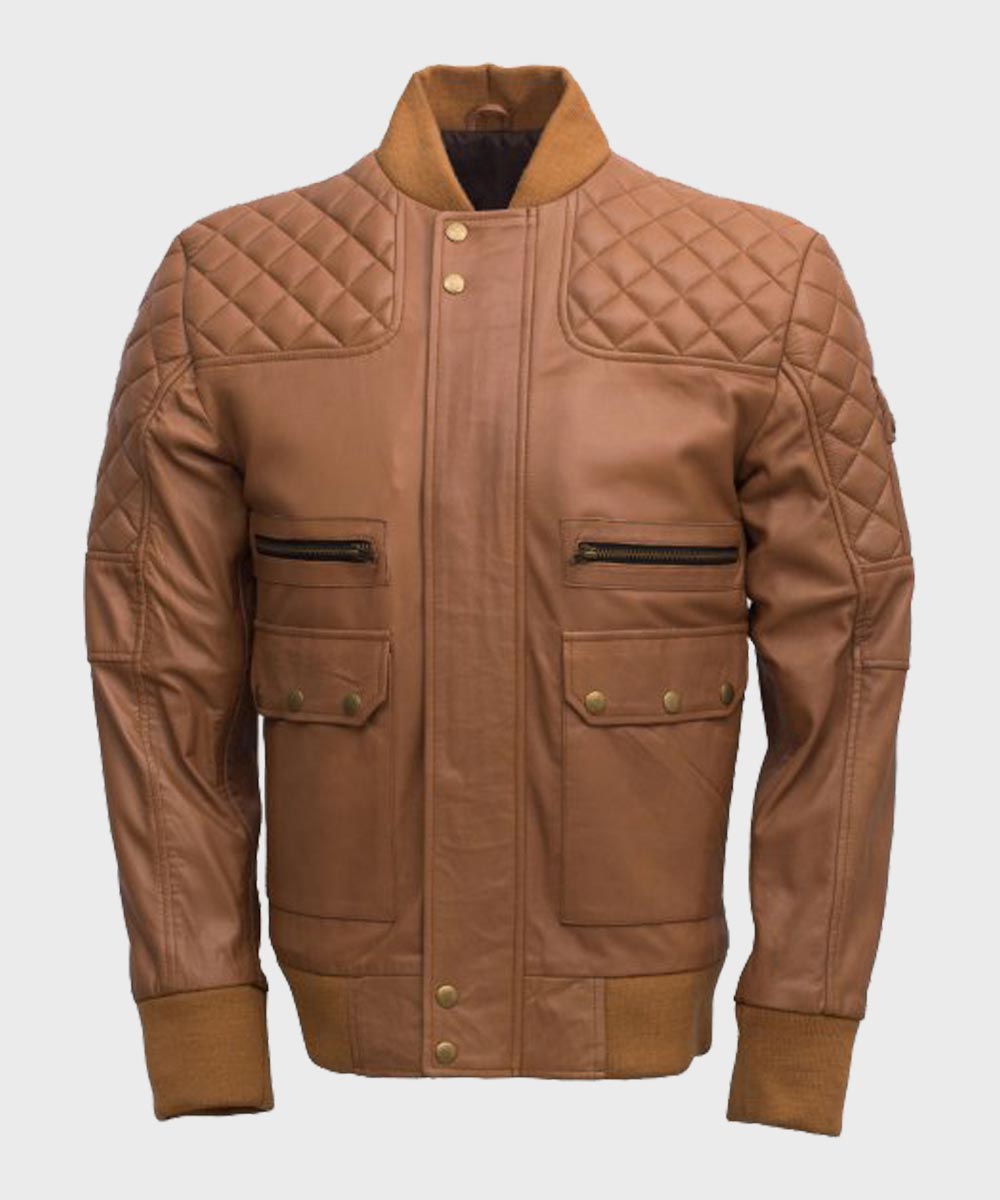 Mens Quilted Tan Brown Bomber Leather Jacket Leather Jacket men front product view | Dash Racegear — Mens Tan Brown Quilted Bomber Jacket