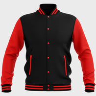 Mens Red And Black Varsity Jacket Varsity Jacket unisex front product view | Dash Racegear — Mens Red And Black Baseball Varsity Jacket