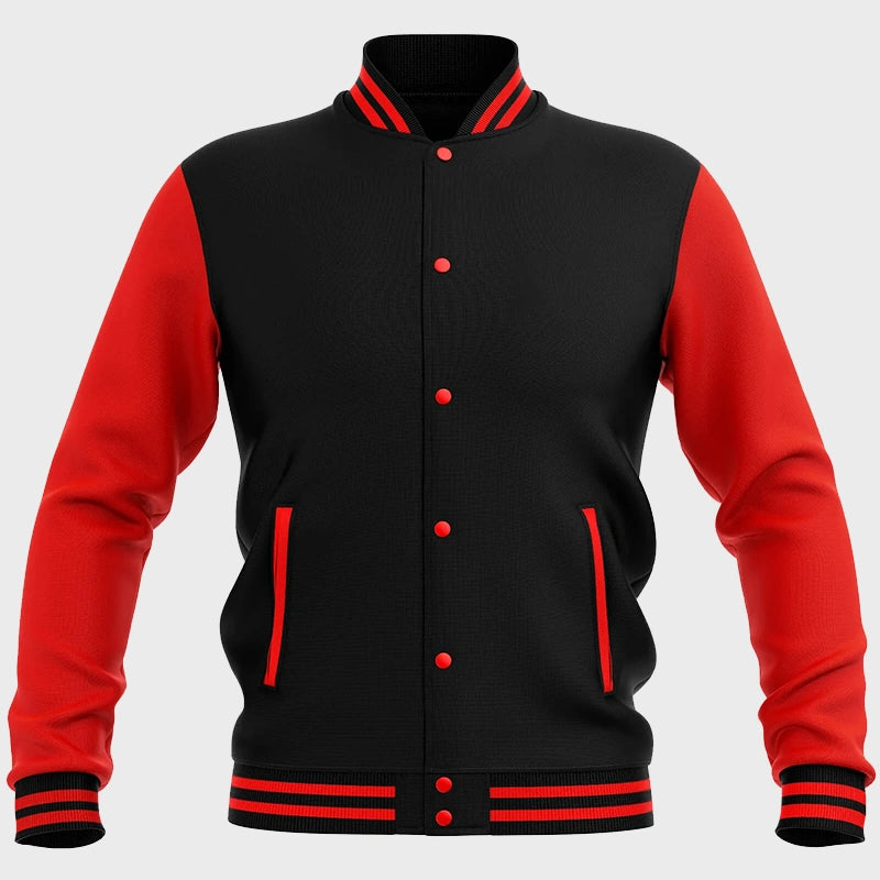 Mens Red And Black Varsity Jacket Varsity Jacket unisex front product view | Dash Racegear — Mens Red And Black Baseball Varsity Jacket