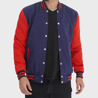 Mens Red And Navy Blue Varsity Jacket Varsity Jacket unisex front product view | Dash Racegear — Mens Red And Navy Blue Varsity Jacket For Sale