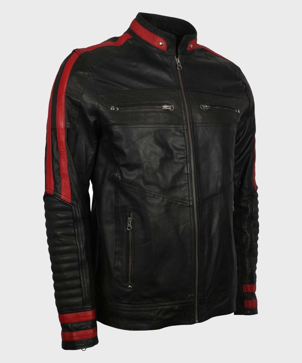 Mens Cafe Racer Red & Black Leather Jacket Biker Jacket men detail view 2 | Dash Racegear — Mens Red & Black Leather Biker Jacket